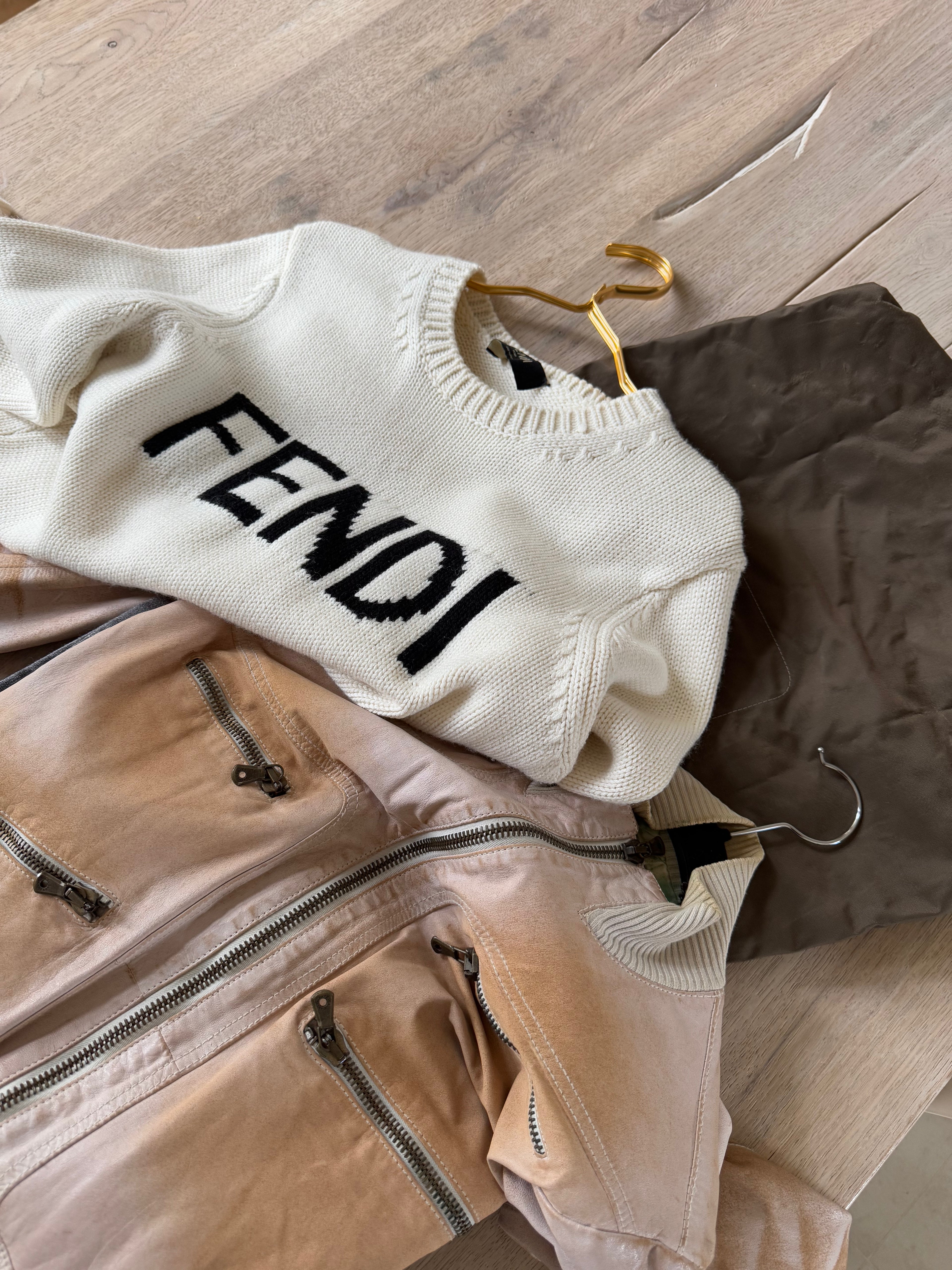 Fendi Cream Heavy Knitted Logo Jumper