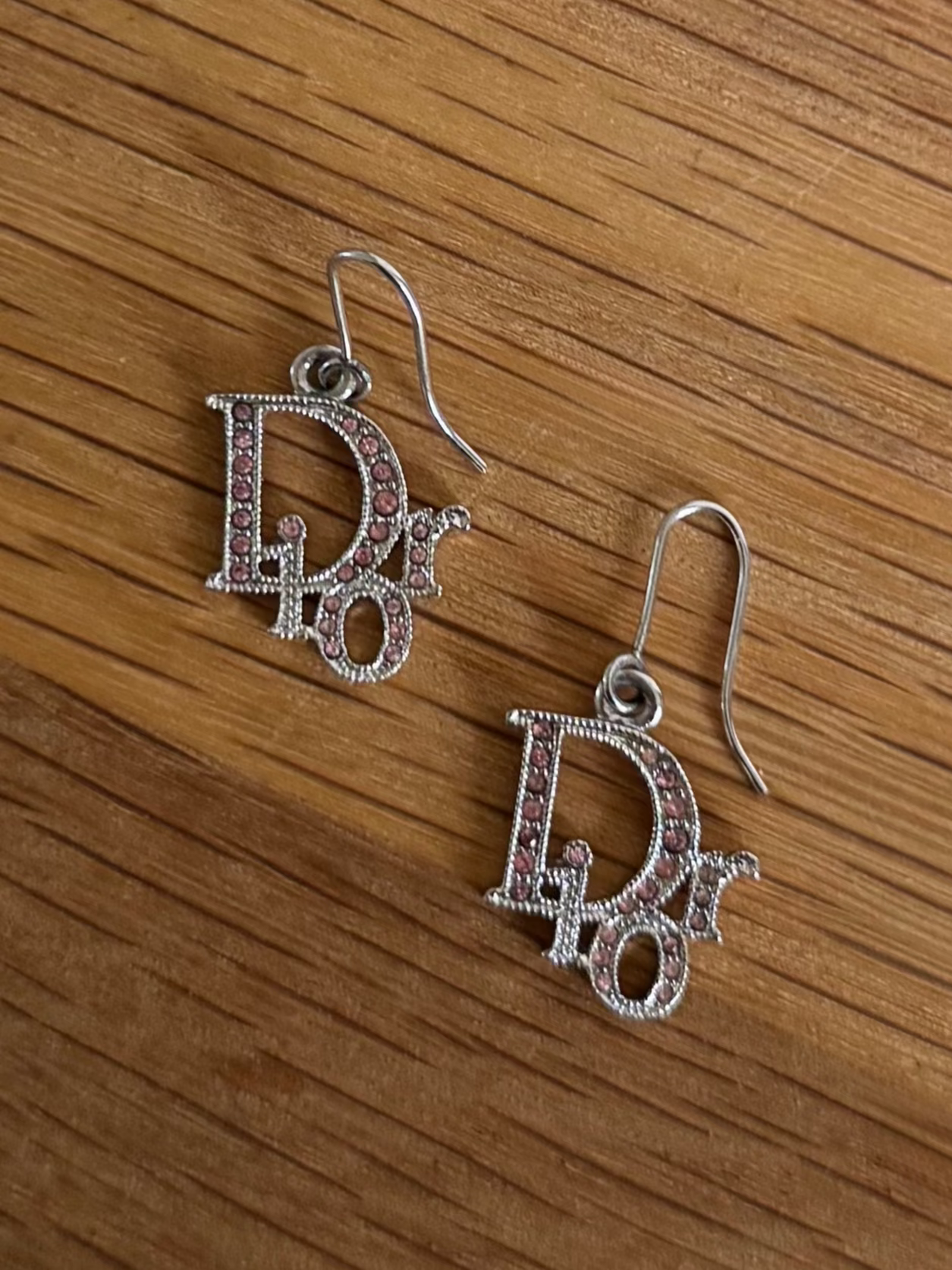 Christian Dior Silver Drop Earrings with Pink Crystals