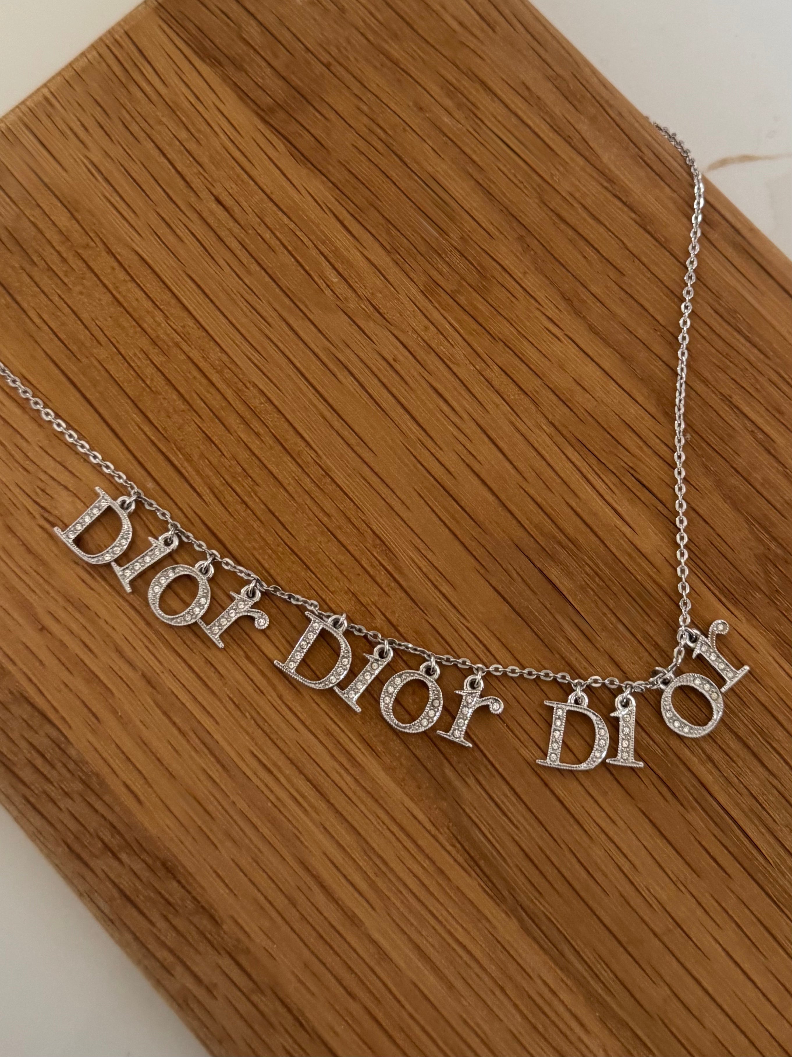 Christian Dior Spell Out Swarovski Crystal Charm Repeat Necklace