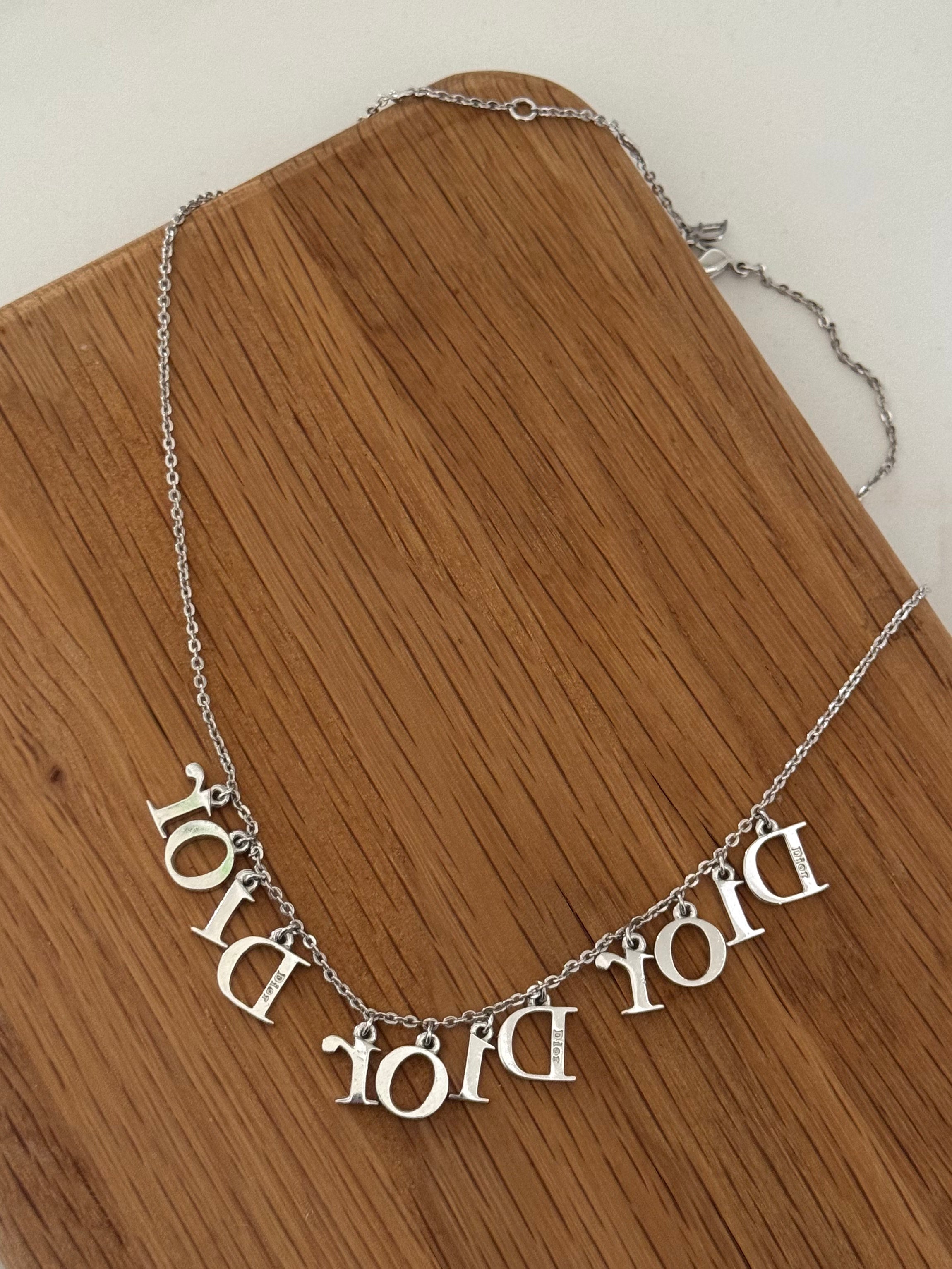 Christian Dior Spell Out Swarovski Crystal Charm Repeat Necklace