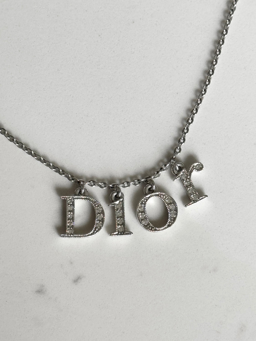 Christian Dior Silver Swarovski Crystal Spell Out Necklace