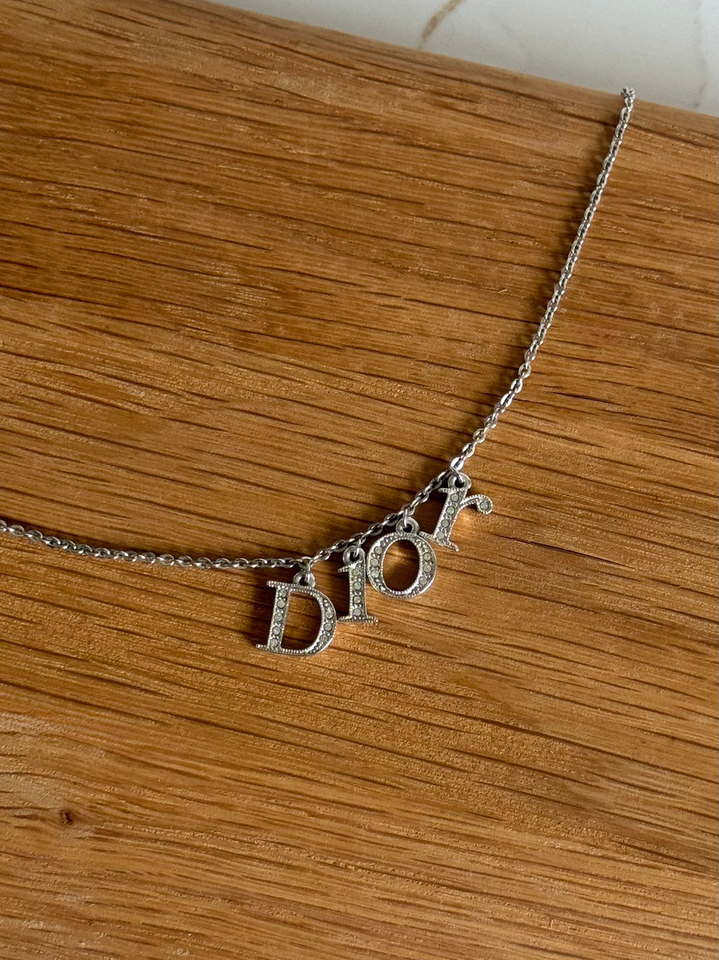 Christian Dior Silver Swarovski Crystal Spell Out Necklace