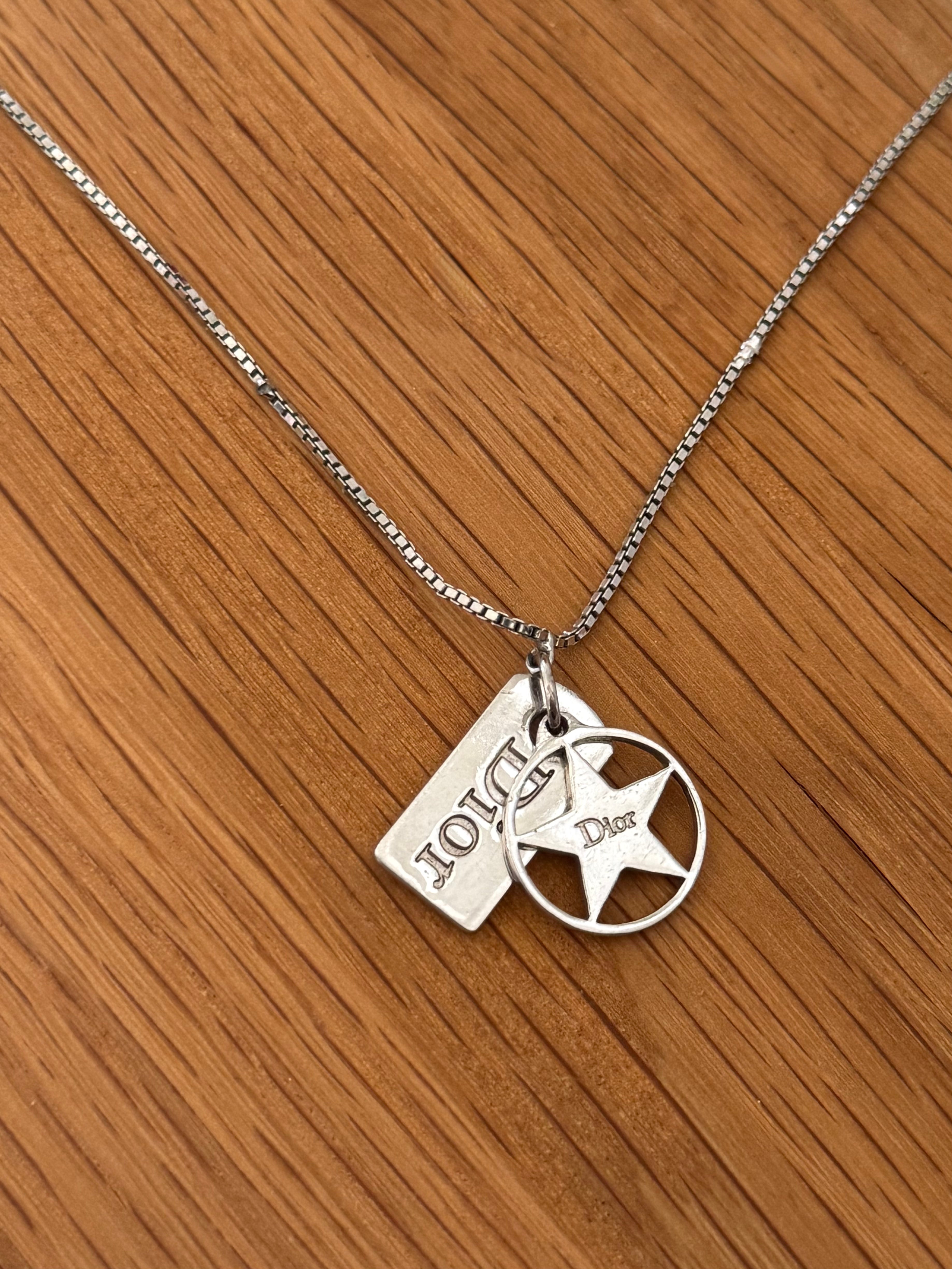 Christian Dior Silver Dog Tag & Star Charm Necklace