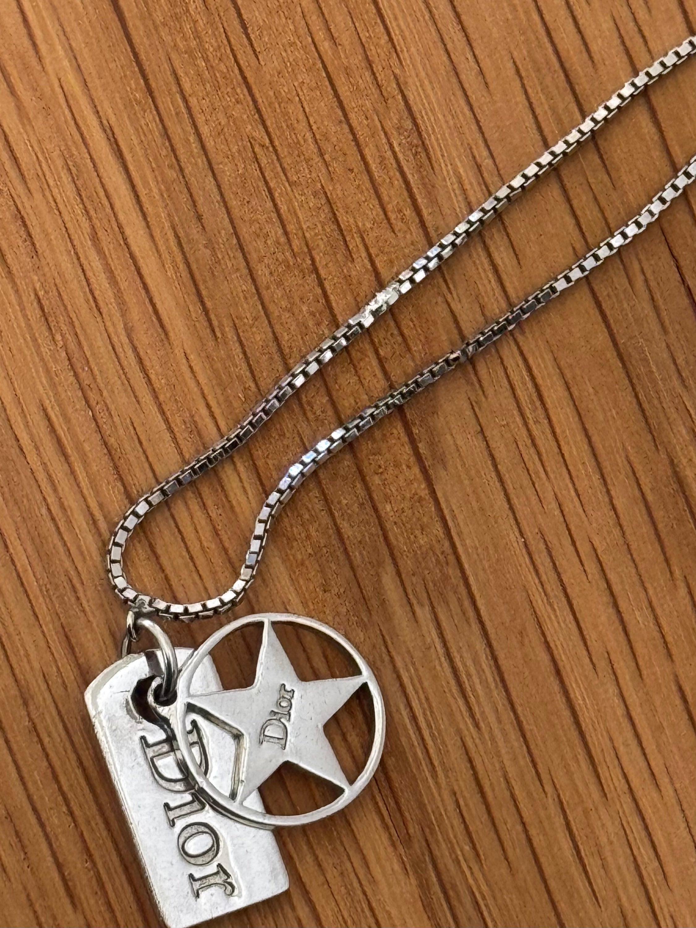 Christian Dior Silver Dog Tag & Star Charm Necklace