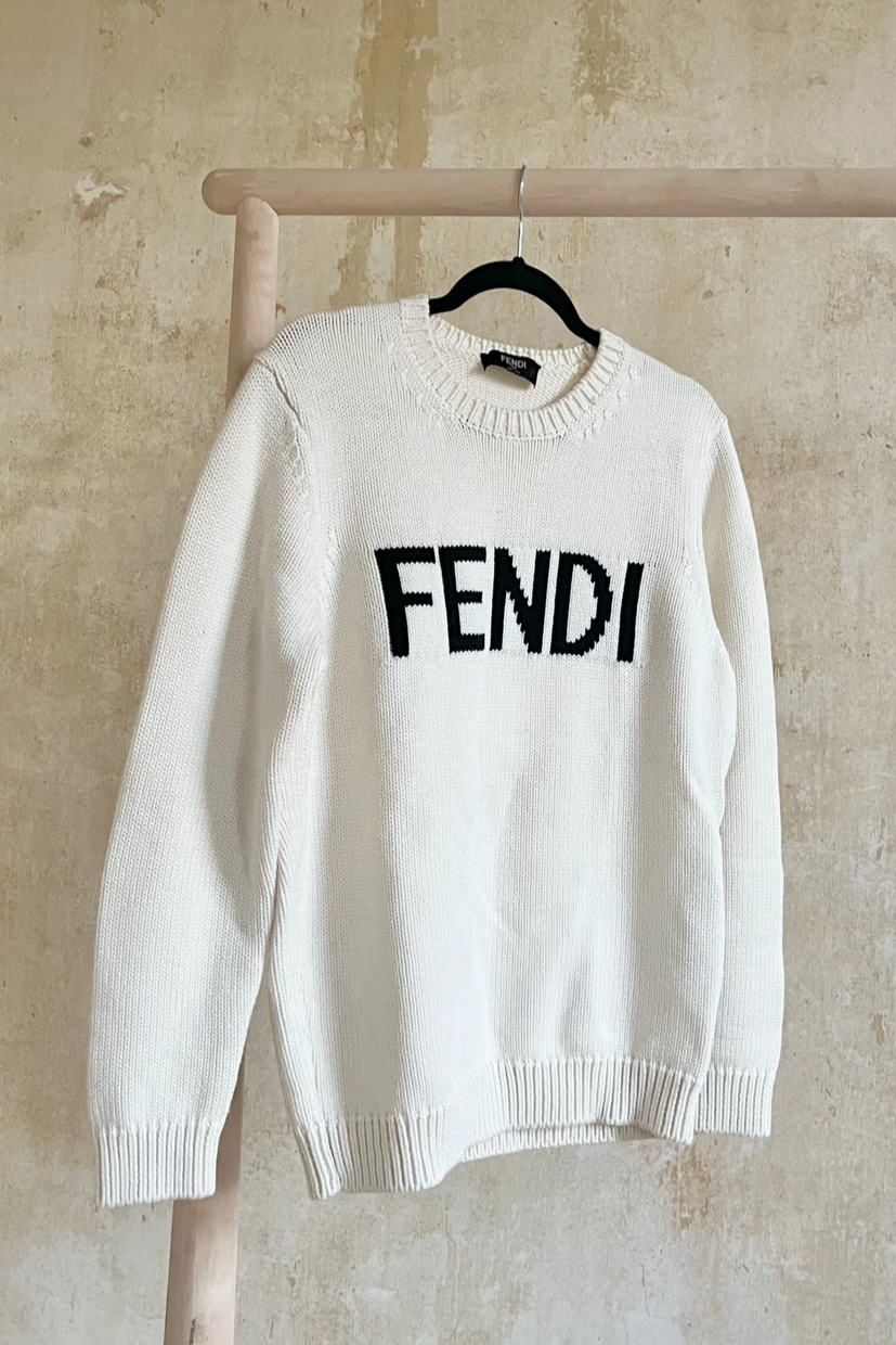 Fendi Cream Heavy Knitted Logo Jumper