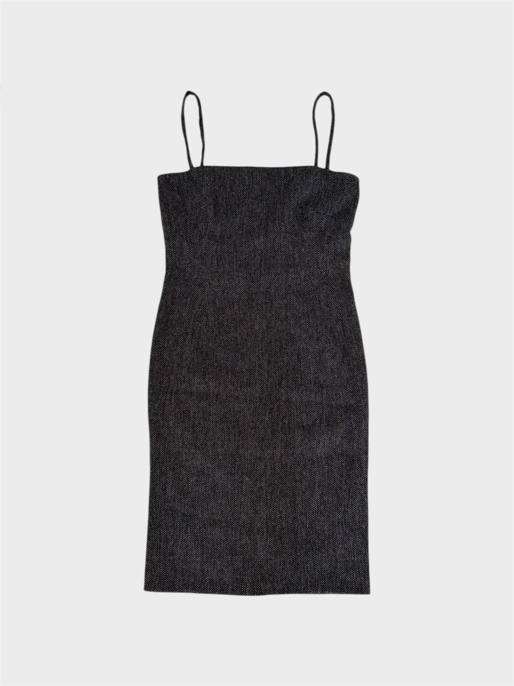 Dolce and Gabbana Wool Herringbone Open Back Knee-Length Pencil Dress