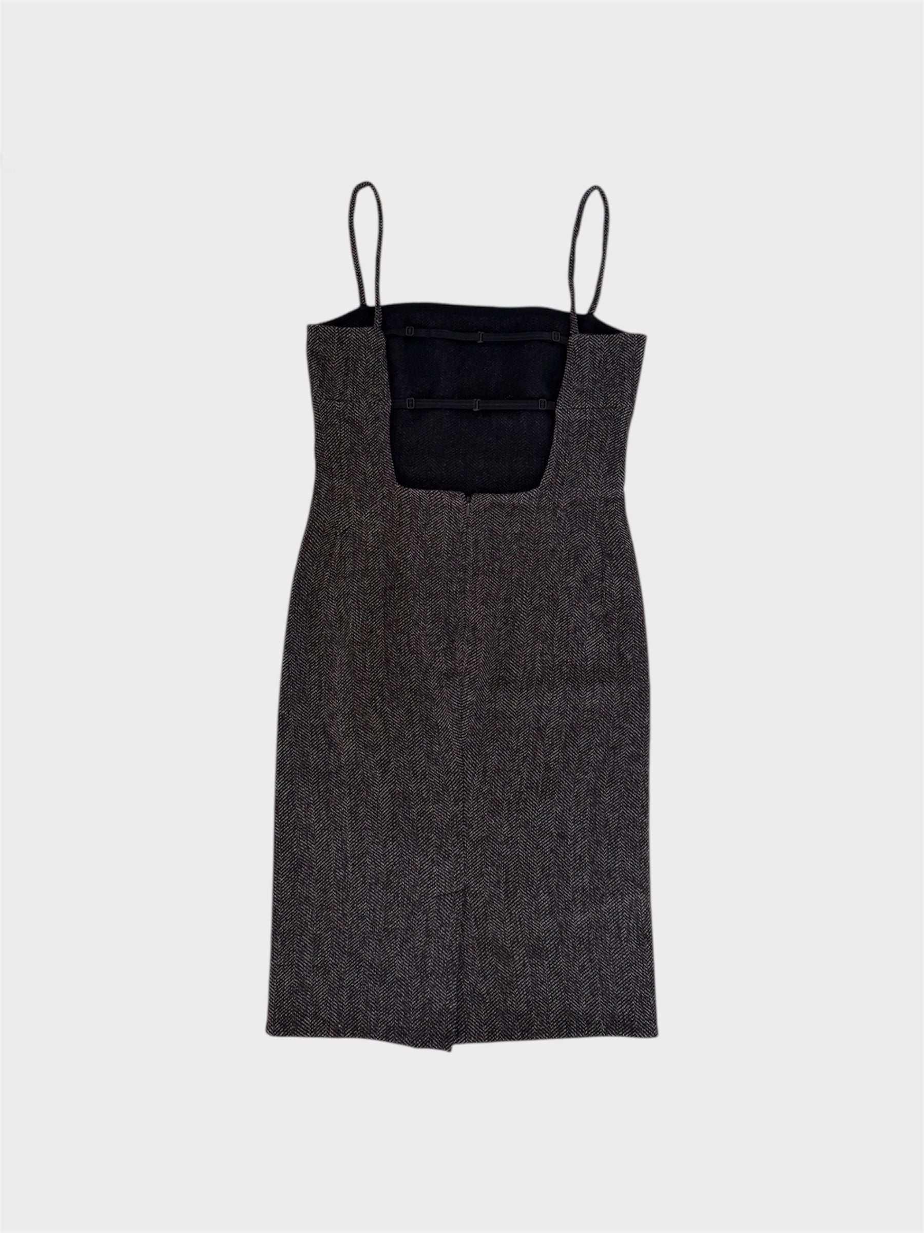 Dolce and Gabbana Wool Herringbone Open Back Knee-Length Pencil Dress