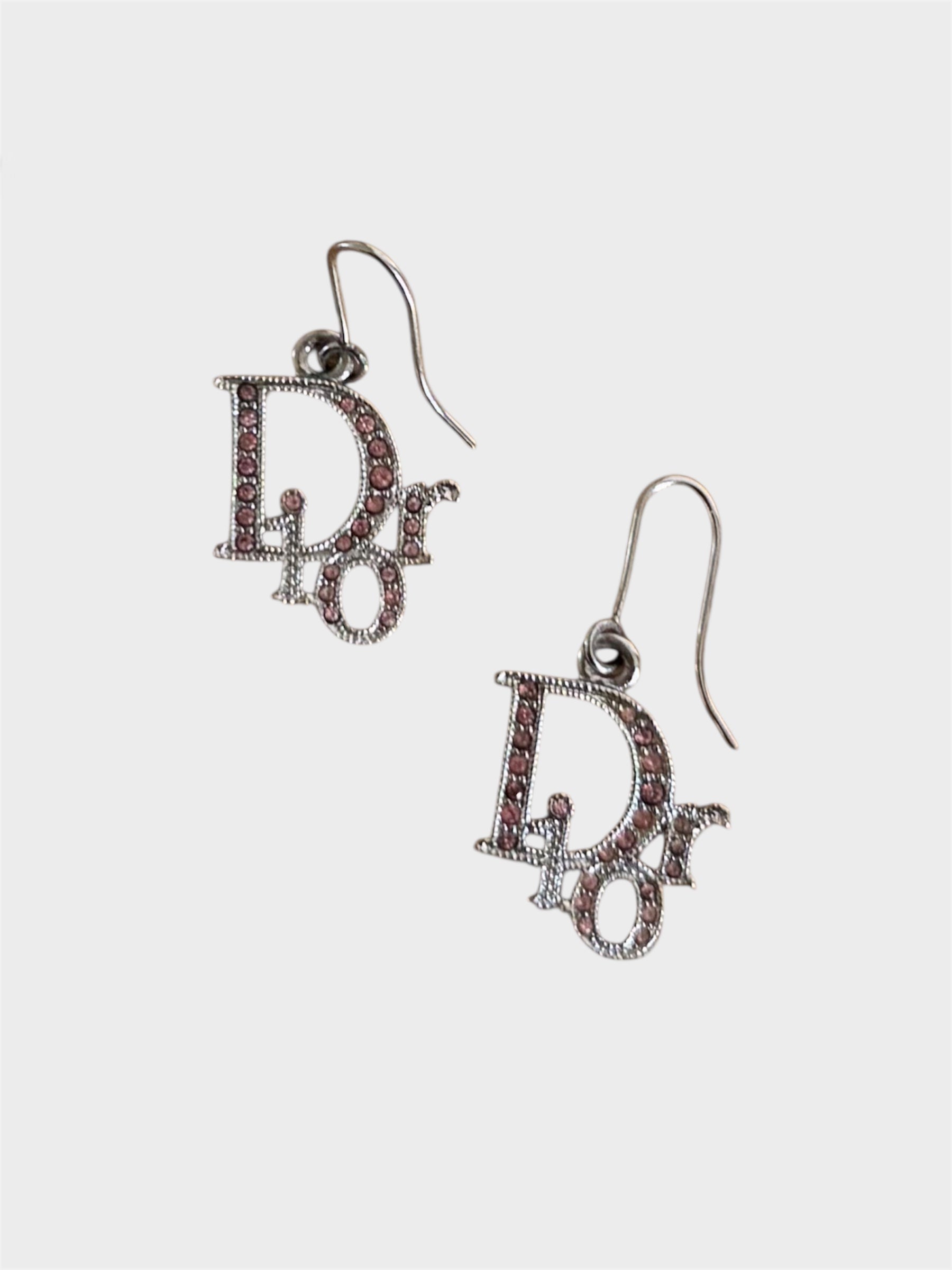 Christian Dior Silver Drop Earrings with Pink Crystals