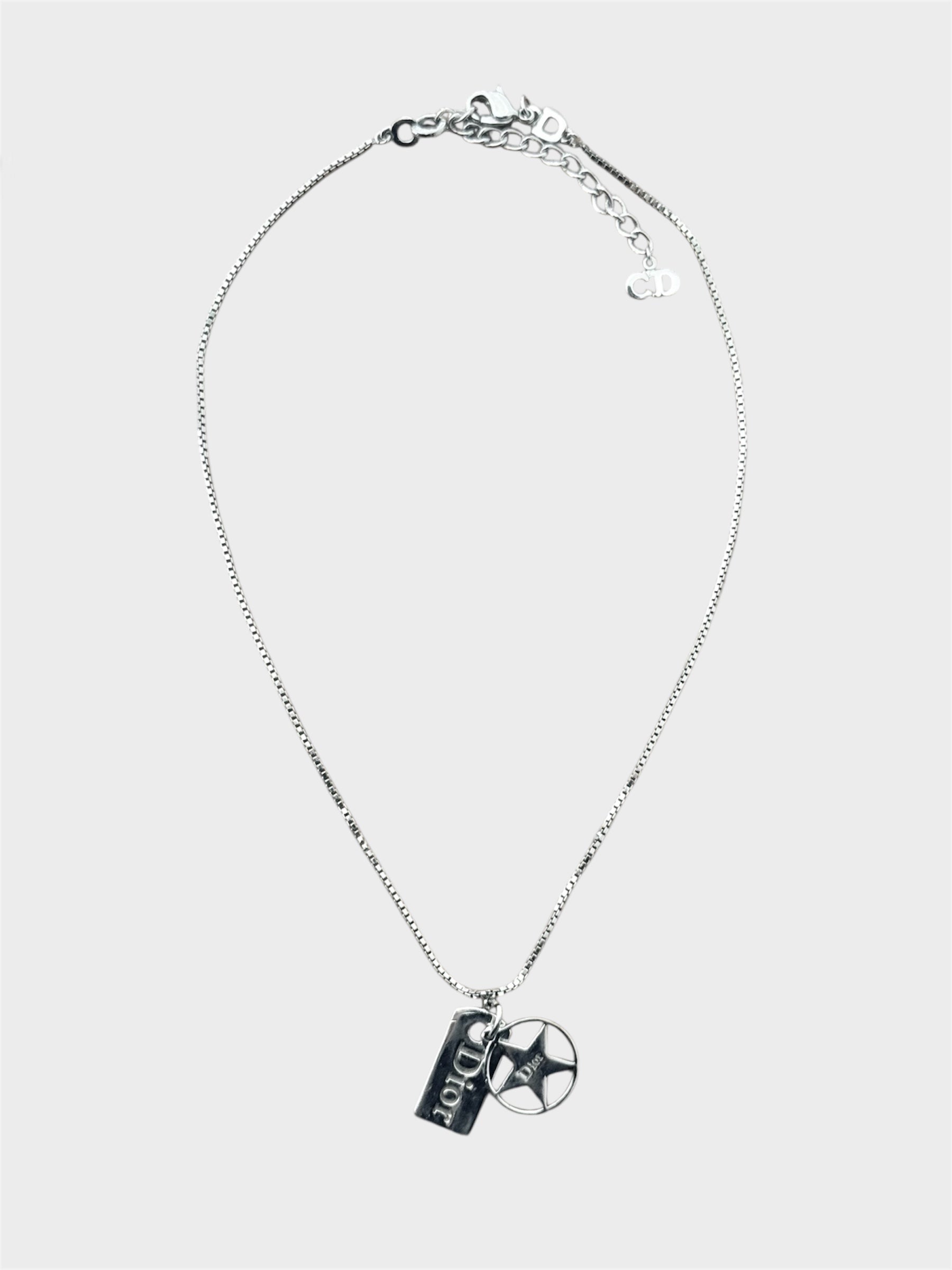 Christian Dior Silver Dog Tag & Star Charm Necklace