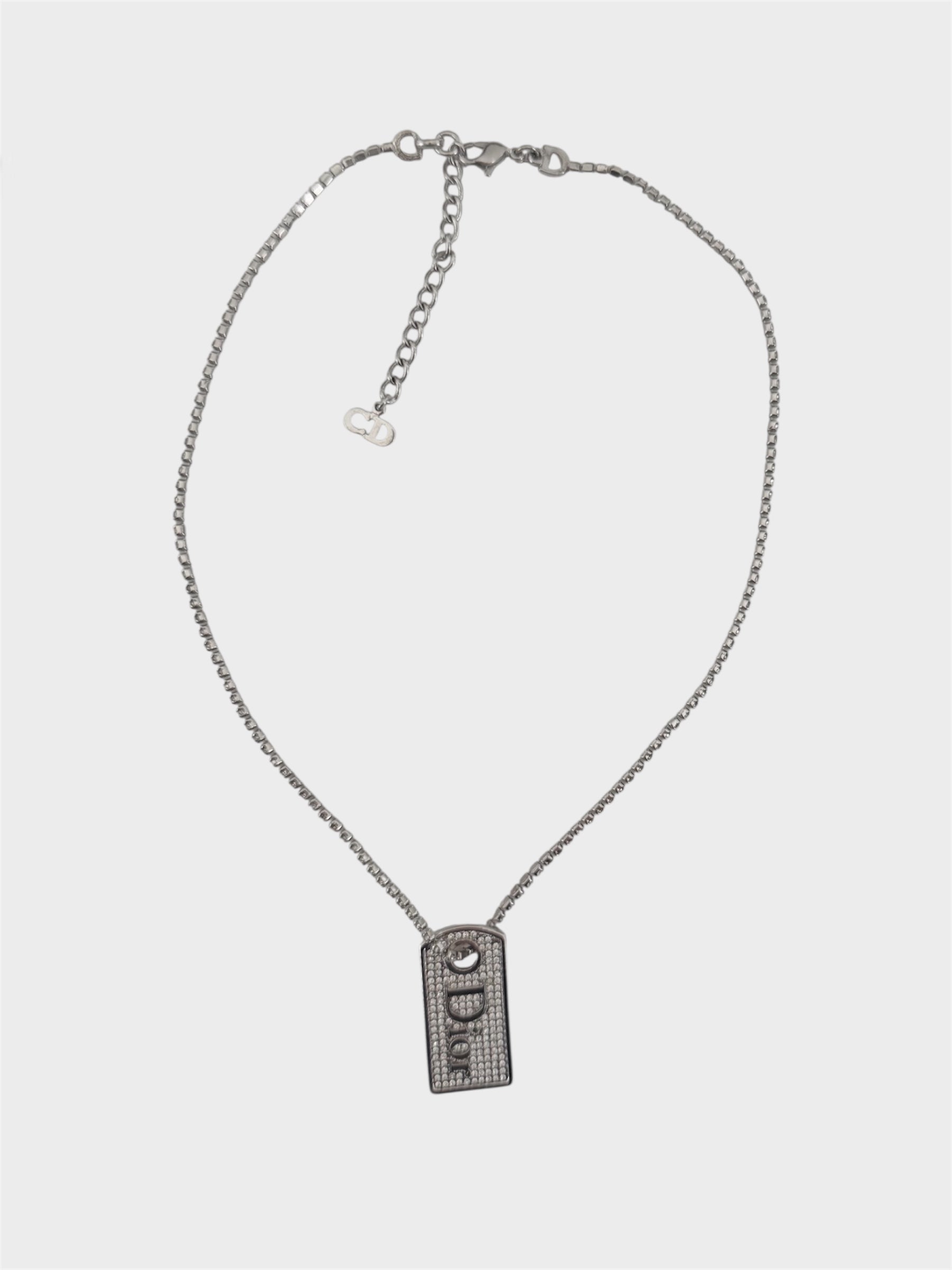 Christian Dior Swarovski Crystal Dog Tag Spell Out Necklace