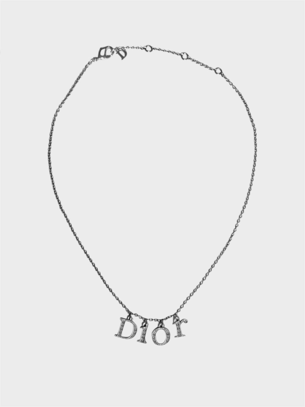 Christian Dior Silver Swarovski Crystal Spell Out Necklace